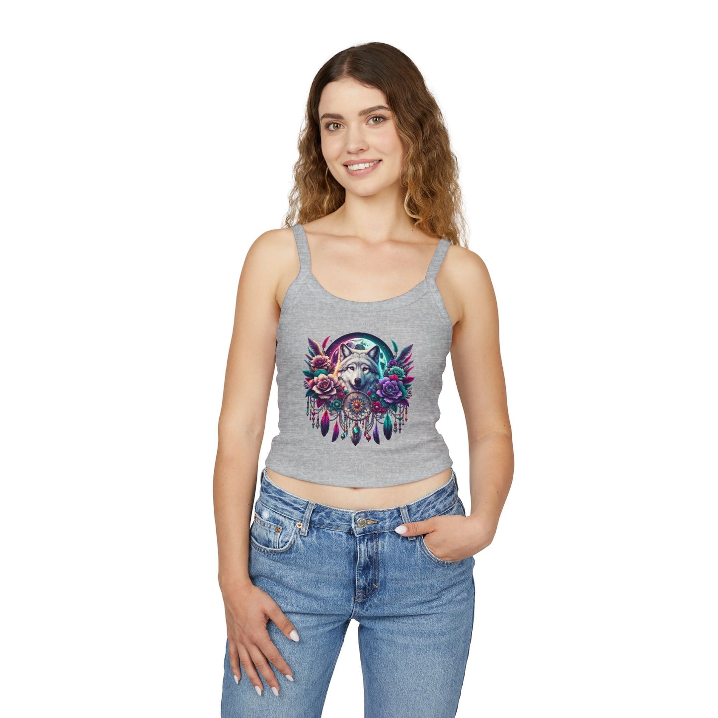 Spaghetti Strap Tank Top - Wolf Floral Dreamcatcher Design