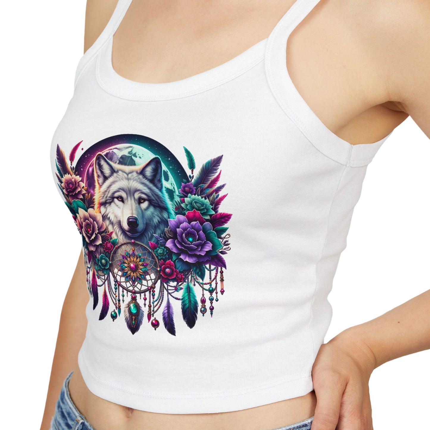 Spaghetti Strap Tank Top - Wolf Floral Dreamcatcher Design