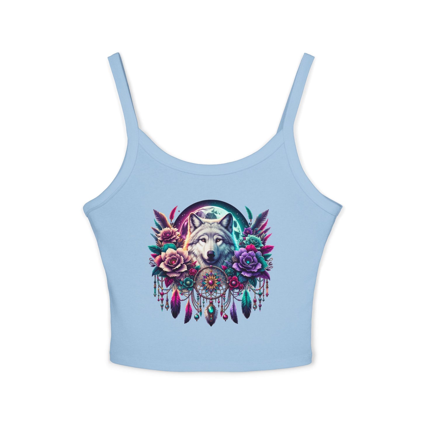 Spaghetti Strap Tank Top - Wolf Floral Dreamcatcher Design