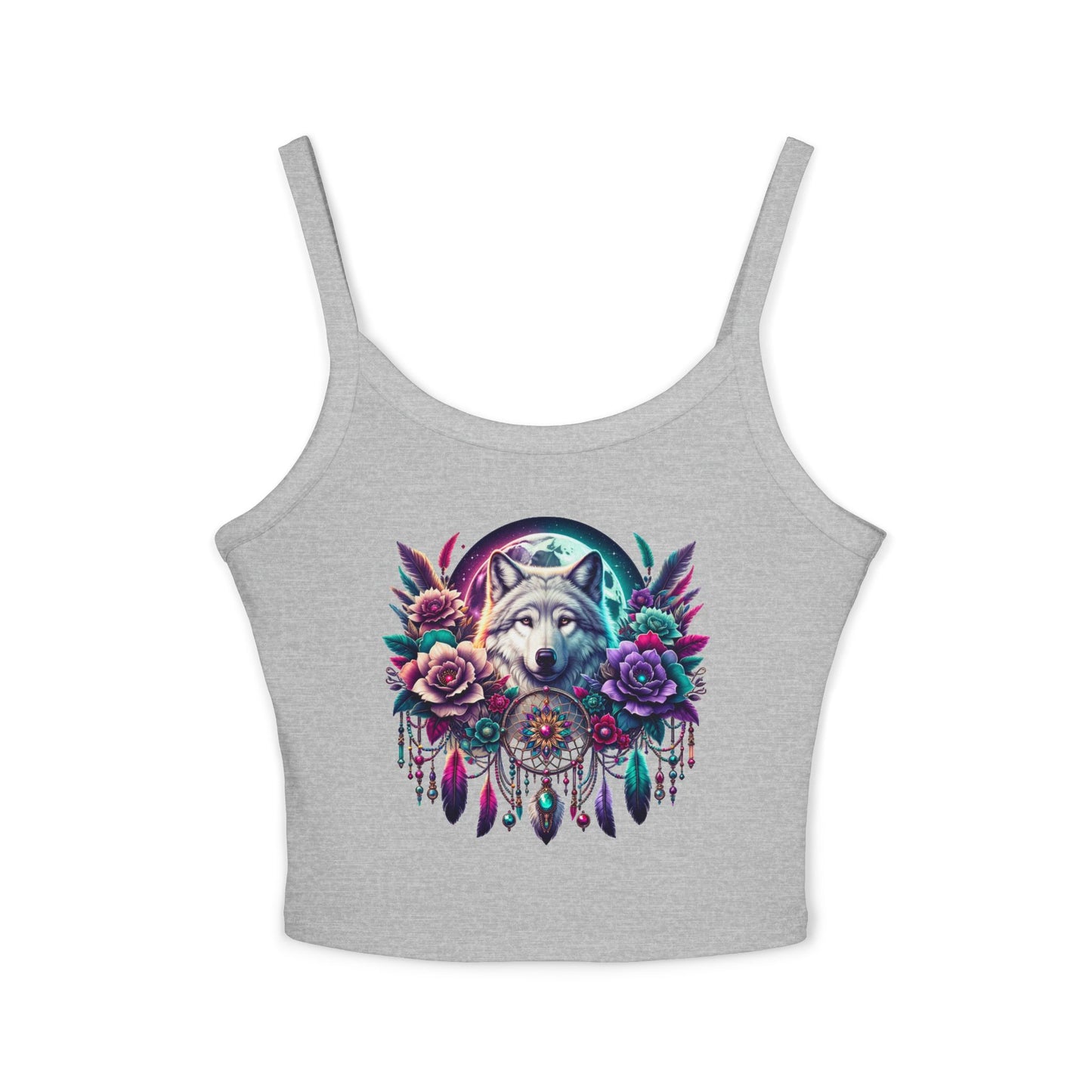 Spaghetti Strap Tank Top - Wolf Floral Dreamcatcher Design