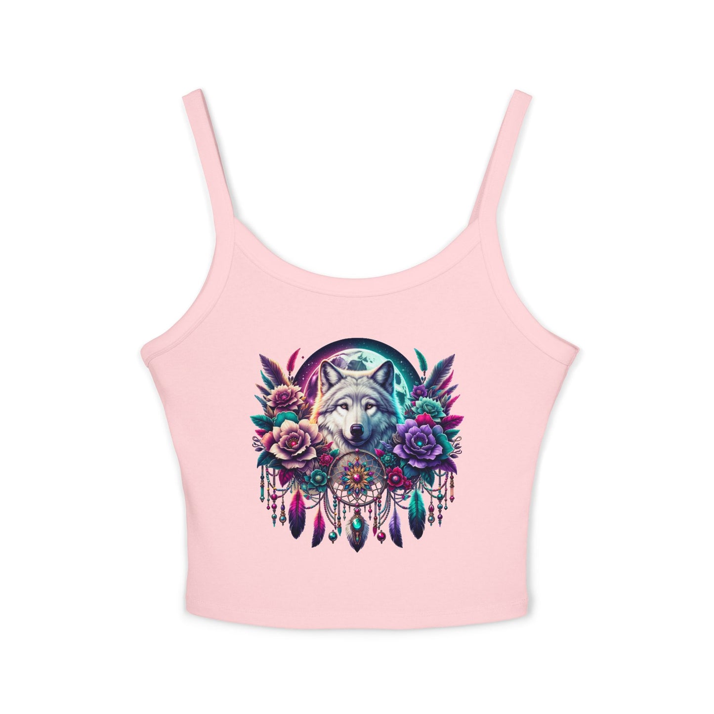 Spaghetti Strap Tank Top - Wolf Floral Dreamcatcher Design