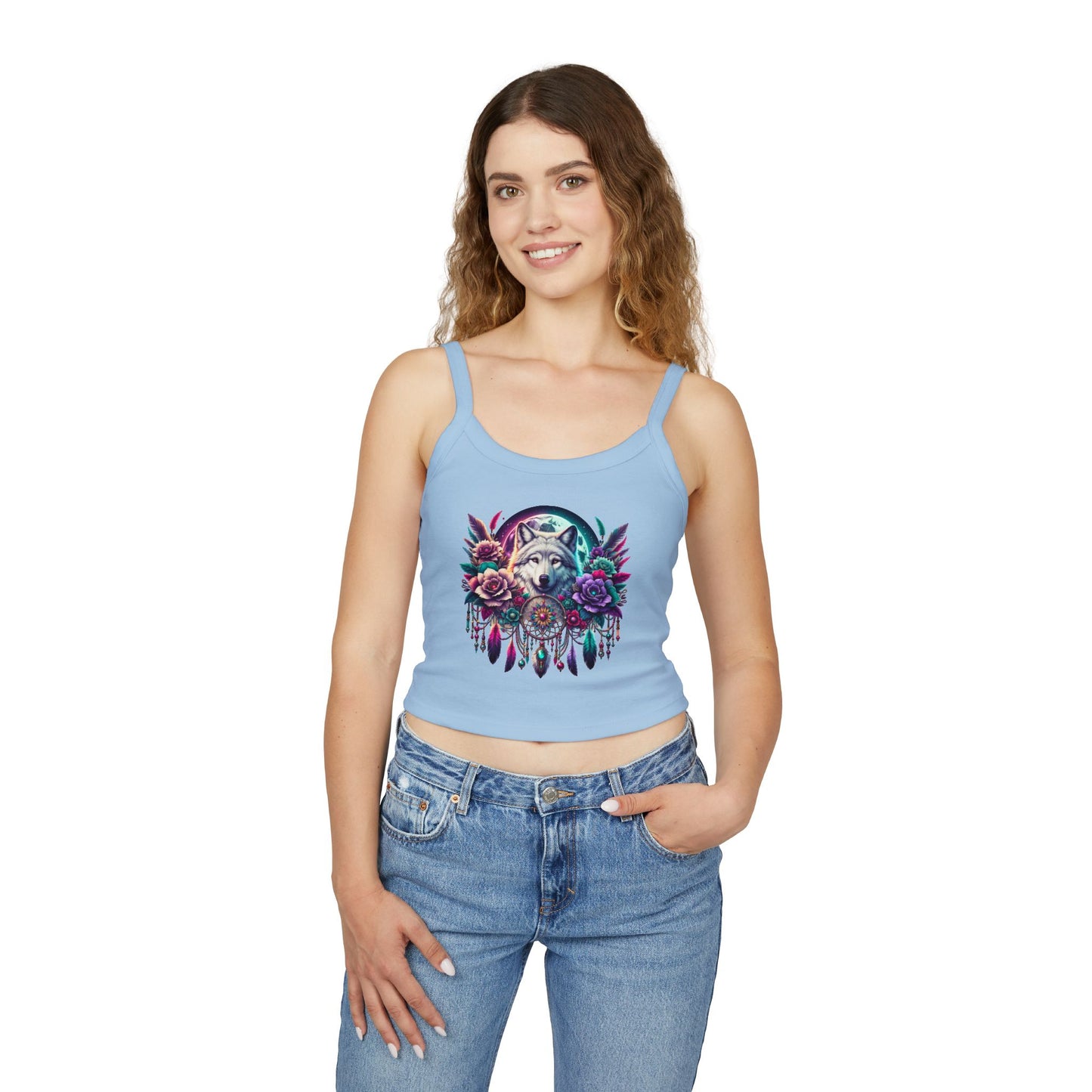 Spaghetti Strap Tank Top - Wolf Floral Dreamcatcher Design
