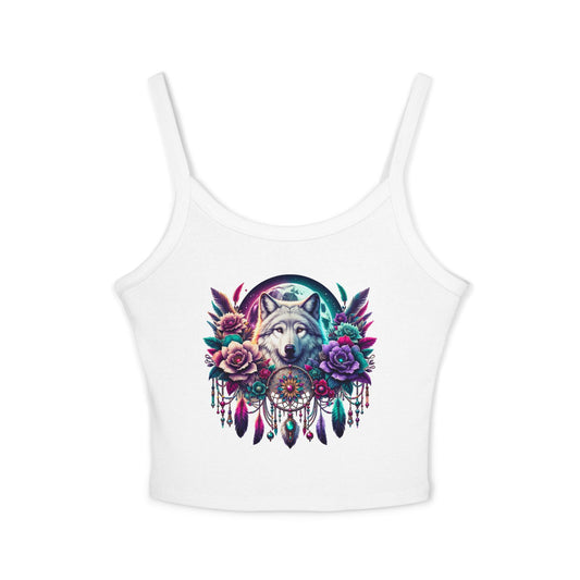 Spaghetti Strap Tank Top - Wolf Floral Dreamcatcher Design